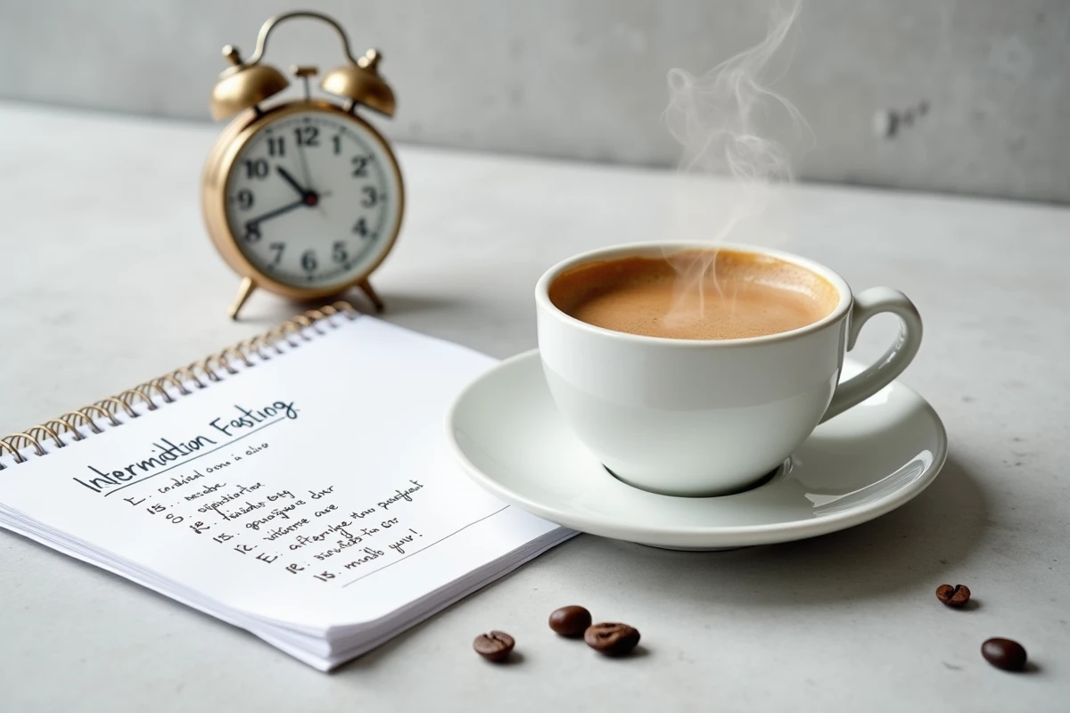 Flat lay d'une tasse de café au lait avec un planning de jeûne intermittent sur fond béton