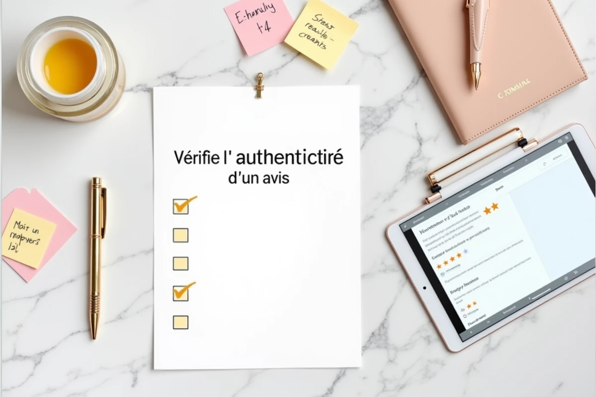 Vue de dessus d'un bureau avec liste de vérification d'authenticité des avis, produit de beauté et tablette affichant des témoignages en ligne