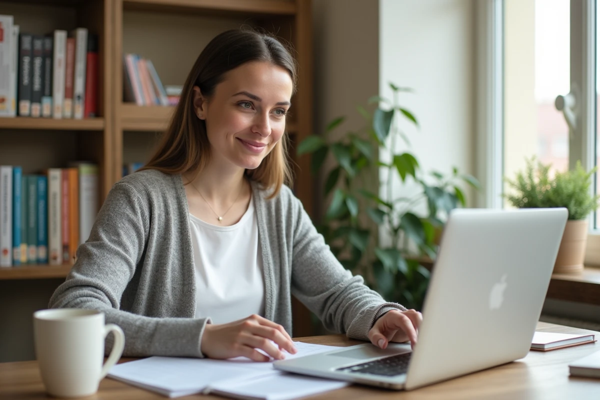 Femme adulte suivant une formation d'éducateur de jeunes enfants en ligne depuis son bureau à domicile