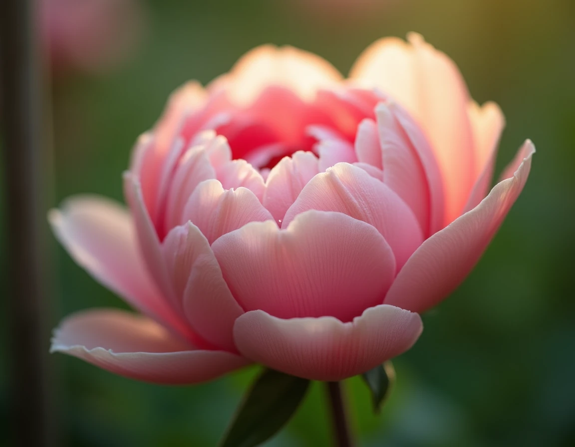 Gros plan d'une pivoine rose en fleur avec des gouttes de rosée sur les pétales dans un jardin naturel