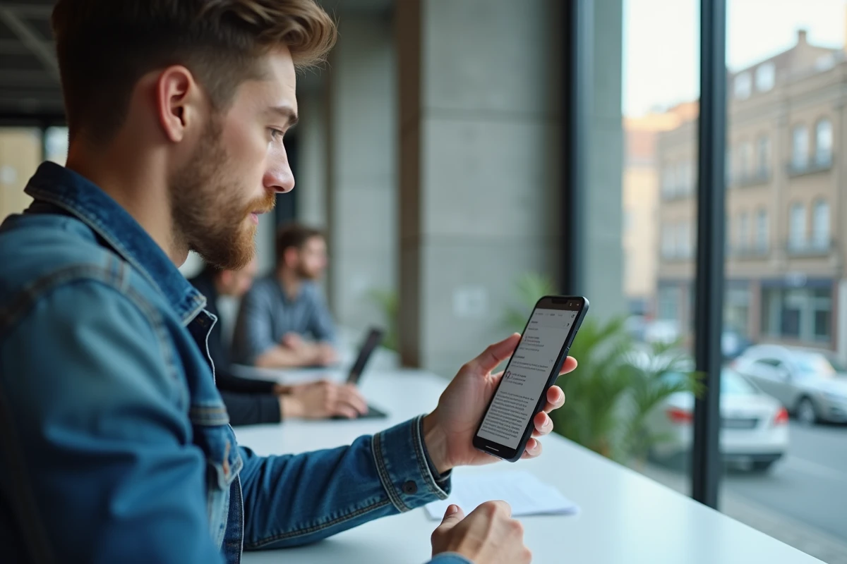 Homme analysant des avis en ligne sur son smartphone dans un espace de coworking moderne pour distinguer les vrais témoignages des faux
