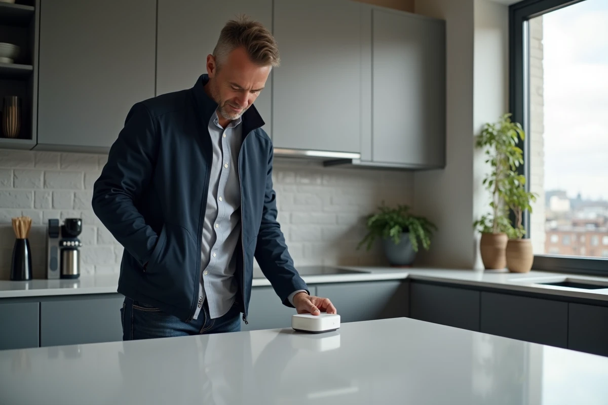 Homme interagissant avec un assistant domestique intelligent dans une cuisine connectée, symbolisant la domotique et les nouvelles technologies en 2024
