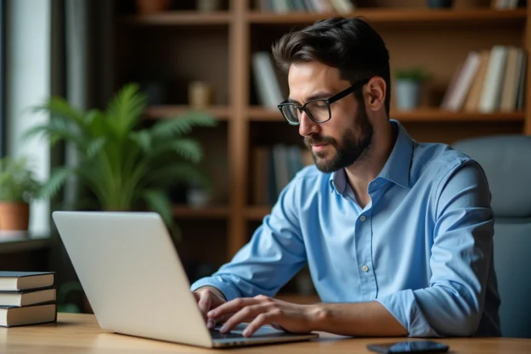 Homme d'âge moyen travaillant sur son ordinateur dans un bureau moderne