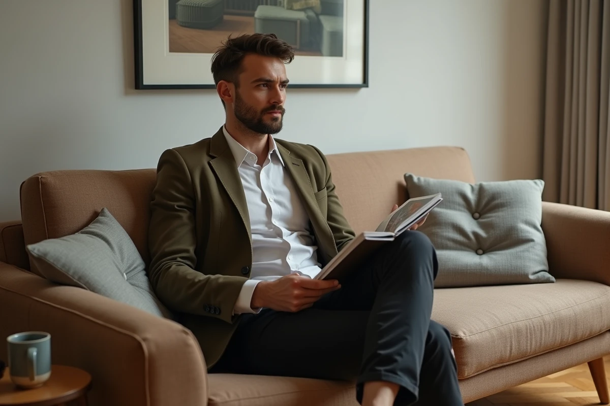 Homme consultant un catalogue de soldes Poltronesofà assis sur un canapé dans un appartement moderne