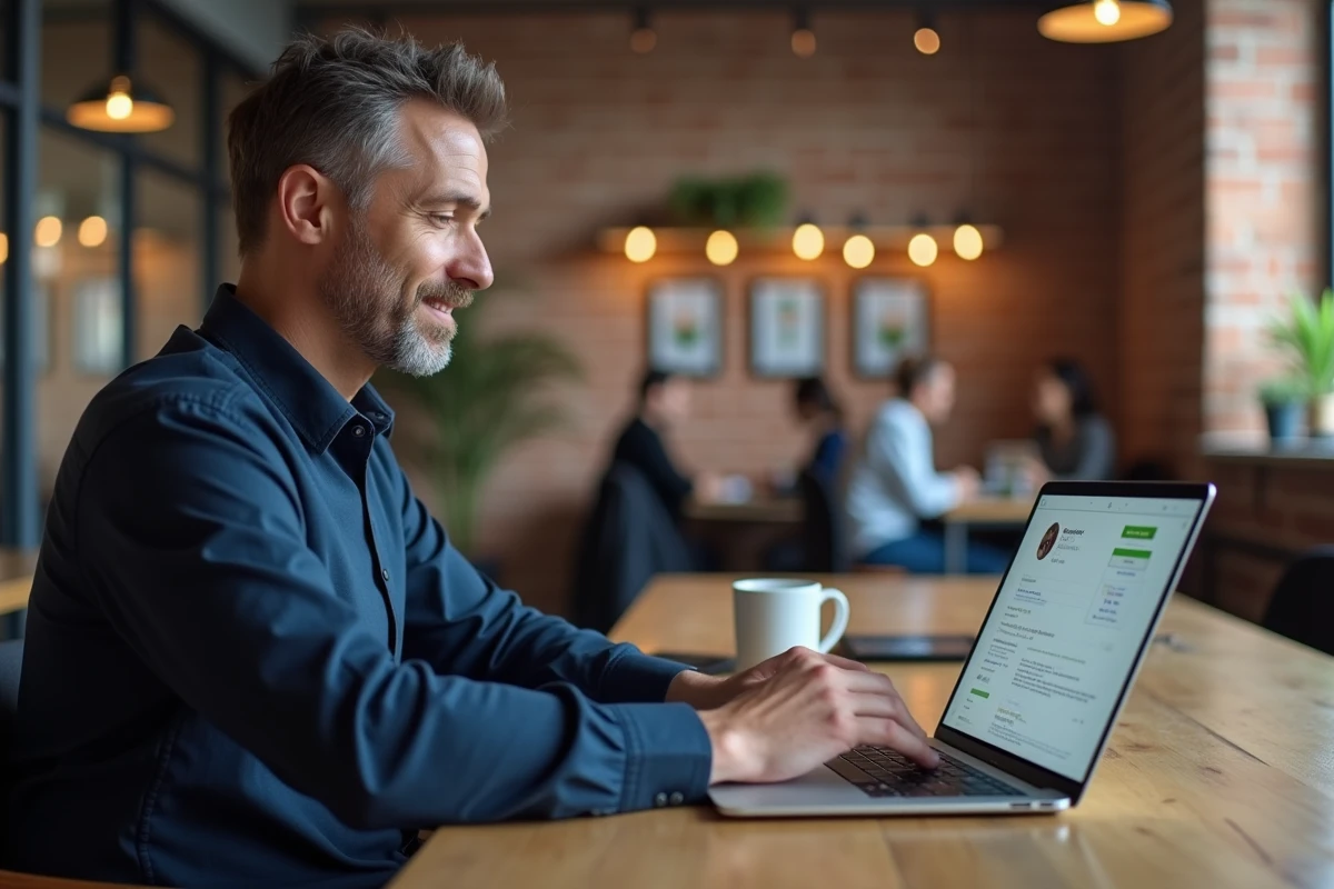 Homme utilisant le chat en ligne pour contacter le support client de cncres.org dans un espace de coworking