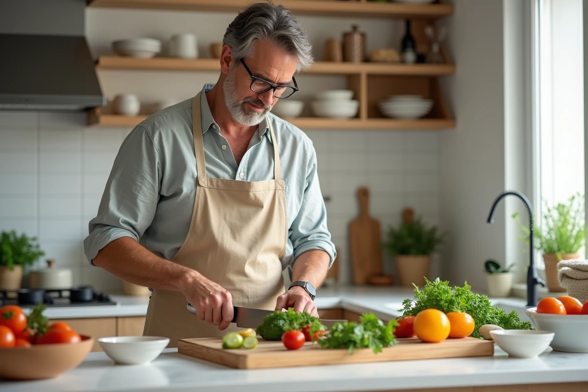 Homme préparant un repas sain avec des légumes frais dans une cuisine moderne pour améliorer son bien-être au quotidien
