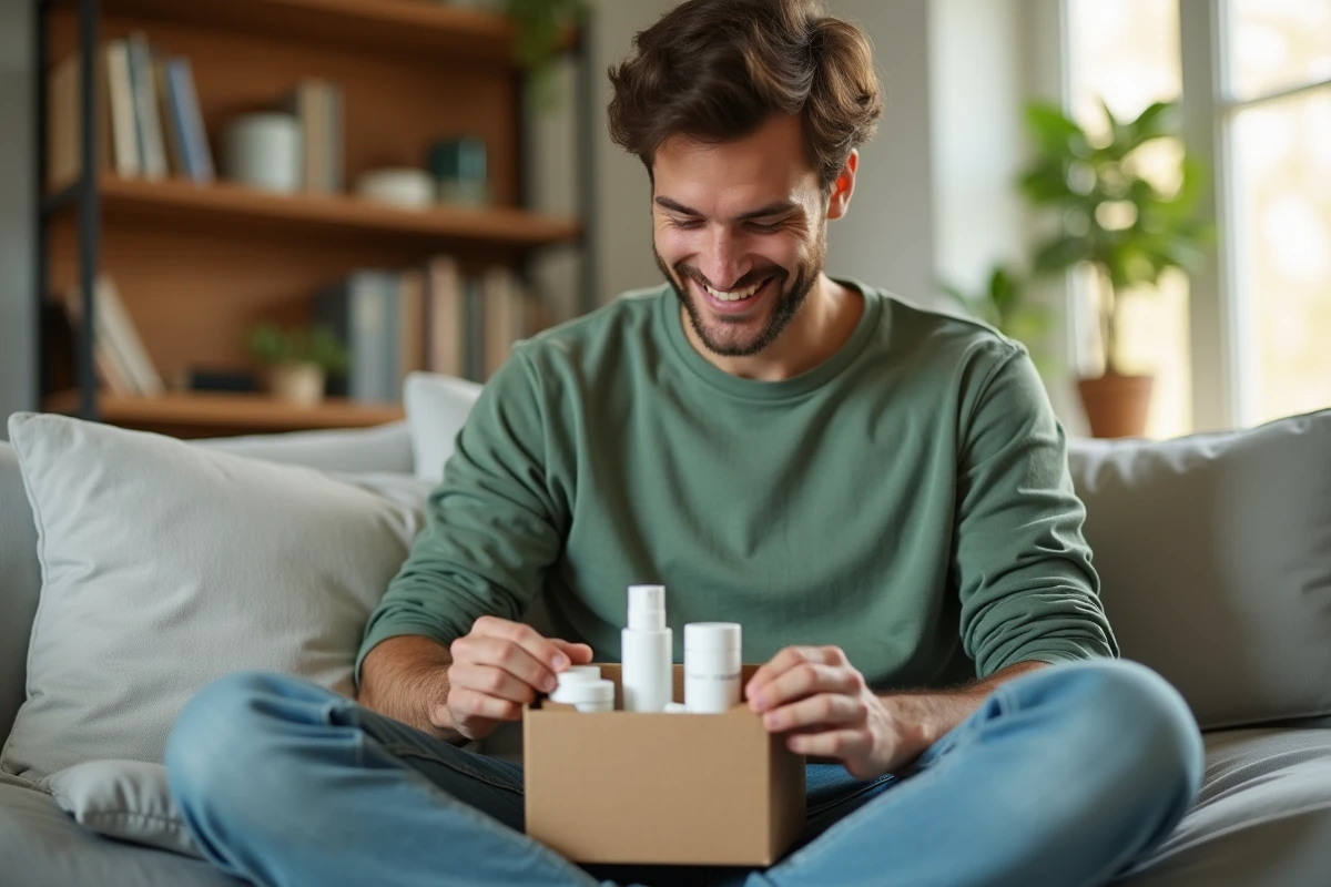 Homme déballant des produits de soin visage à la maison