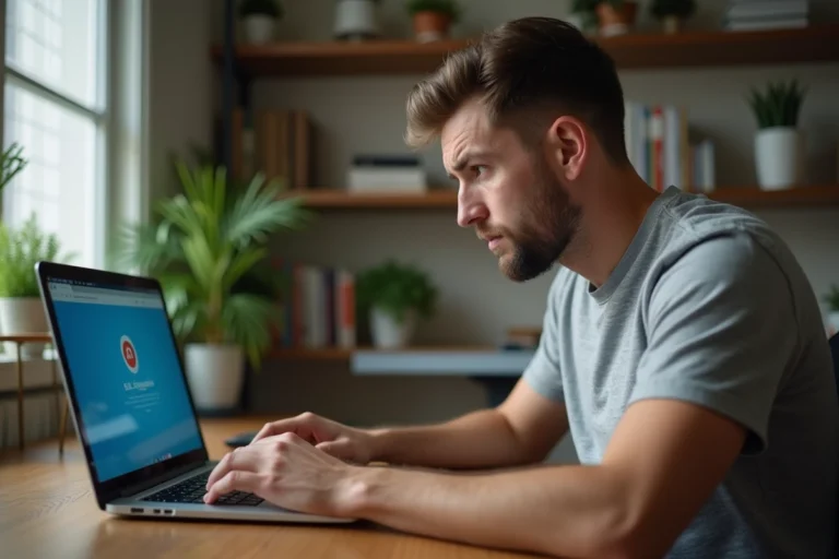 Homme frustré face à une erreur de connexion sur son ordinateur portable à son bureau à domicile