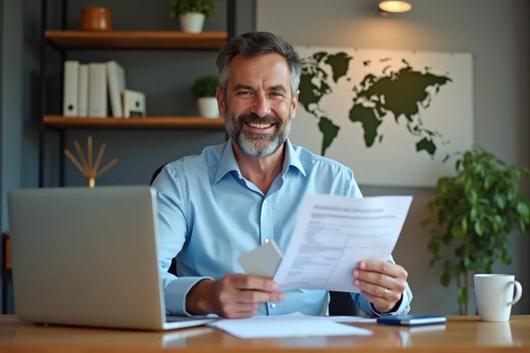 Homme français en bureau avec documents voyage et passeport