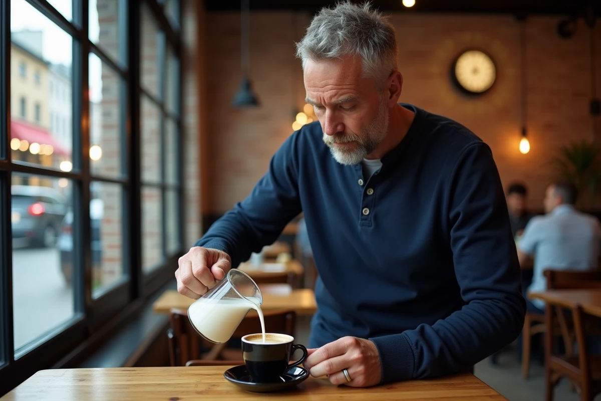 Homme versant du lait dans un café espresso dans un café urbain, contexte de jeûne intermittent