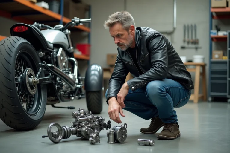 Homme en jeans et veste moto examine des pièces de trike dans un atelier