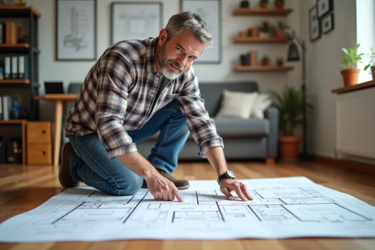 Homme d'âge moyen pointant un plan plomberie dans un bureau moderne