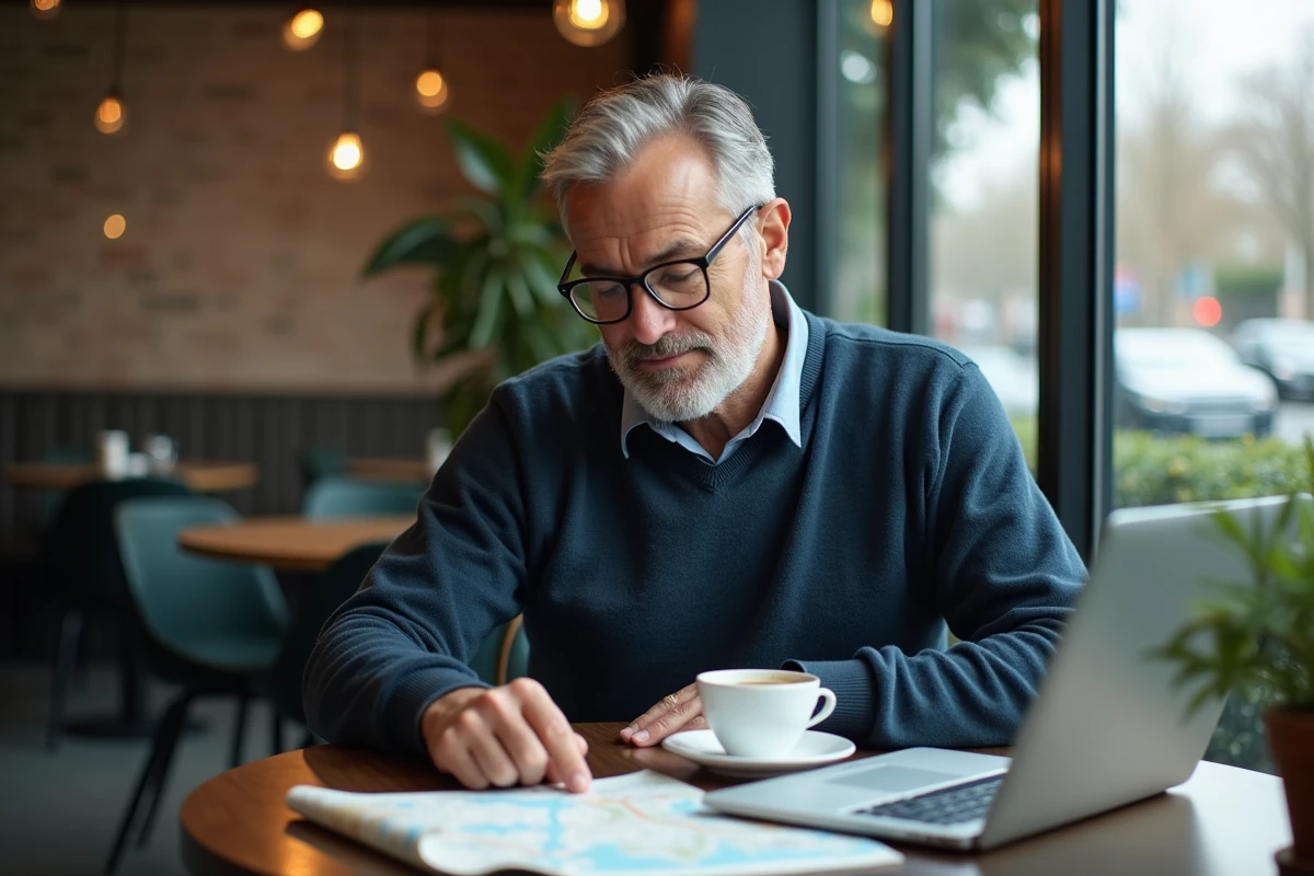 Homme d'âge mûr consultant un site de voyage sur ordinateur portable dans un café urbain moderne