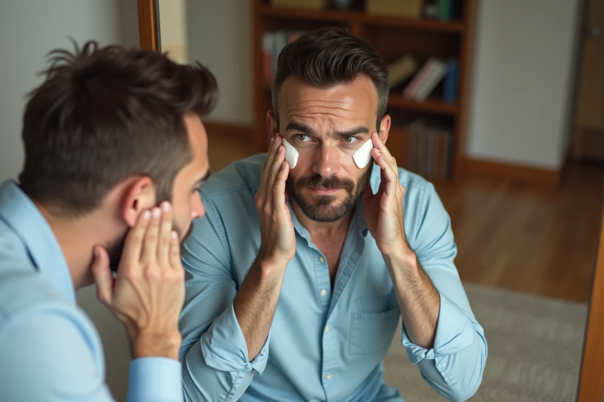 Homme appliquant un gel visage dans une chambre calme et chaleureuse