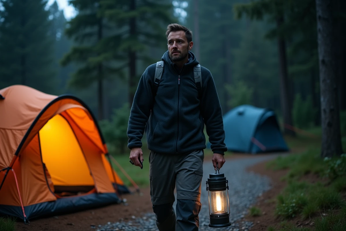 Homme sortant de sa tente la nuit en camping avec une lampe torche pour gérer une envie pressante