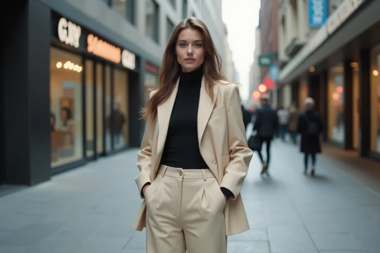 Jeune femme en blazer urbain dans une rue animée