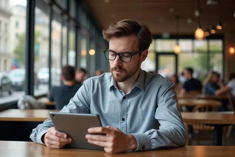 Jeune homme lisant les actualités sur tablette au café