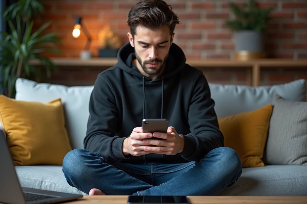 Jeune homme mettant à jour les paramètres de sécurité de son smartphone et de ses appareils connectés à domicile