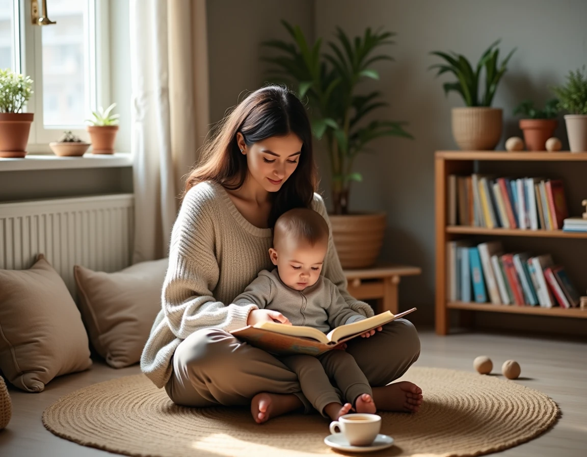 Mère lisant une histoire à son enfant sur le tapis du salon dans une atmosphère familiale apaisante