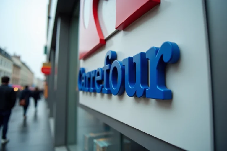 Gros plan sur le logo Carrefour rouge et bleu avec la flèche blanche sur la façade d'un supermarché en milieu urbain