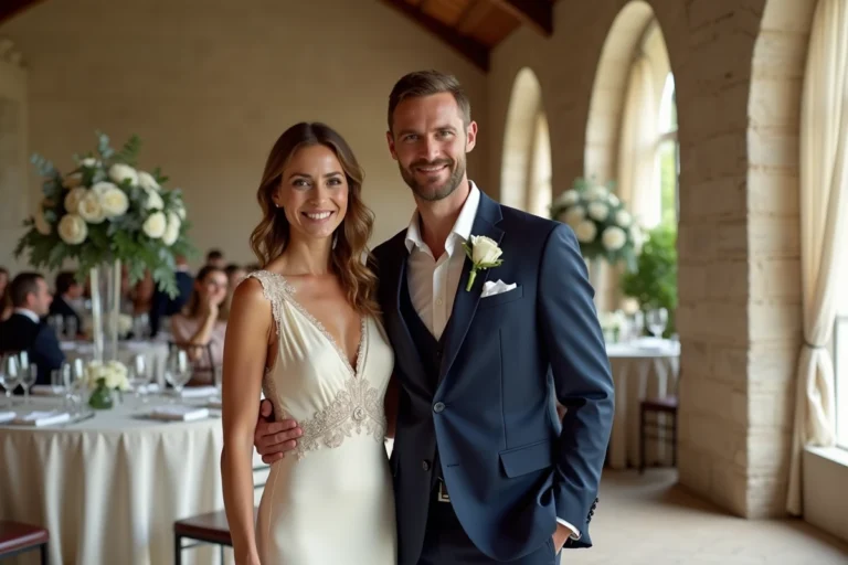 Couple élégant lors d'une réception de mariage dans un château français avec décoration florale en roses blanches