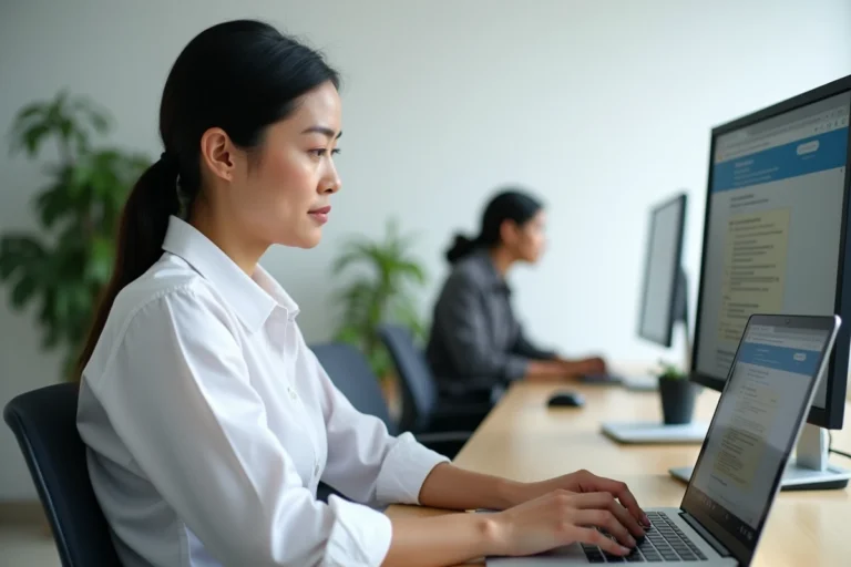Femme utilisant une messagerie académique institutionnelle sur un ordinateur portable dans un bureau universitaire moderne