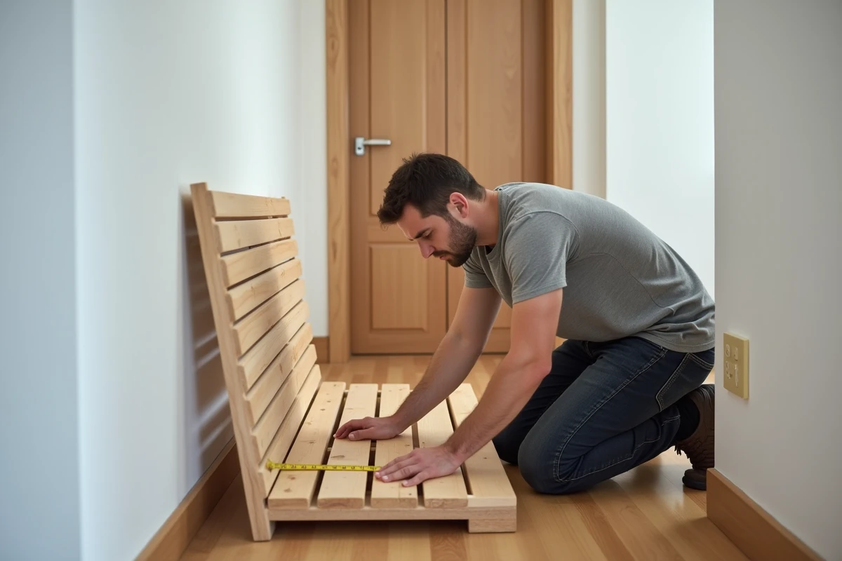 Homme mesurant un sommier démonté dans un couloir d'appartement avant de le faire passer dans un ascenseur