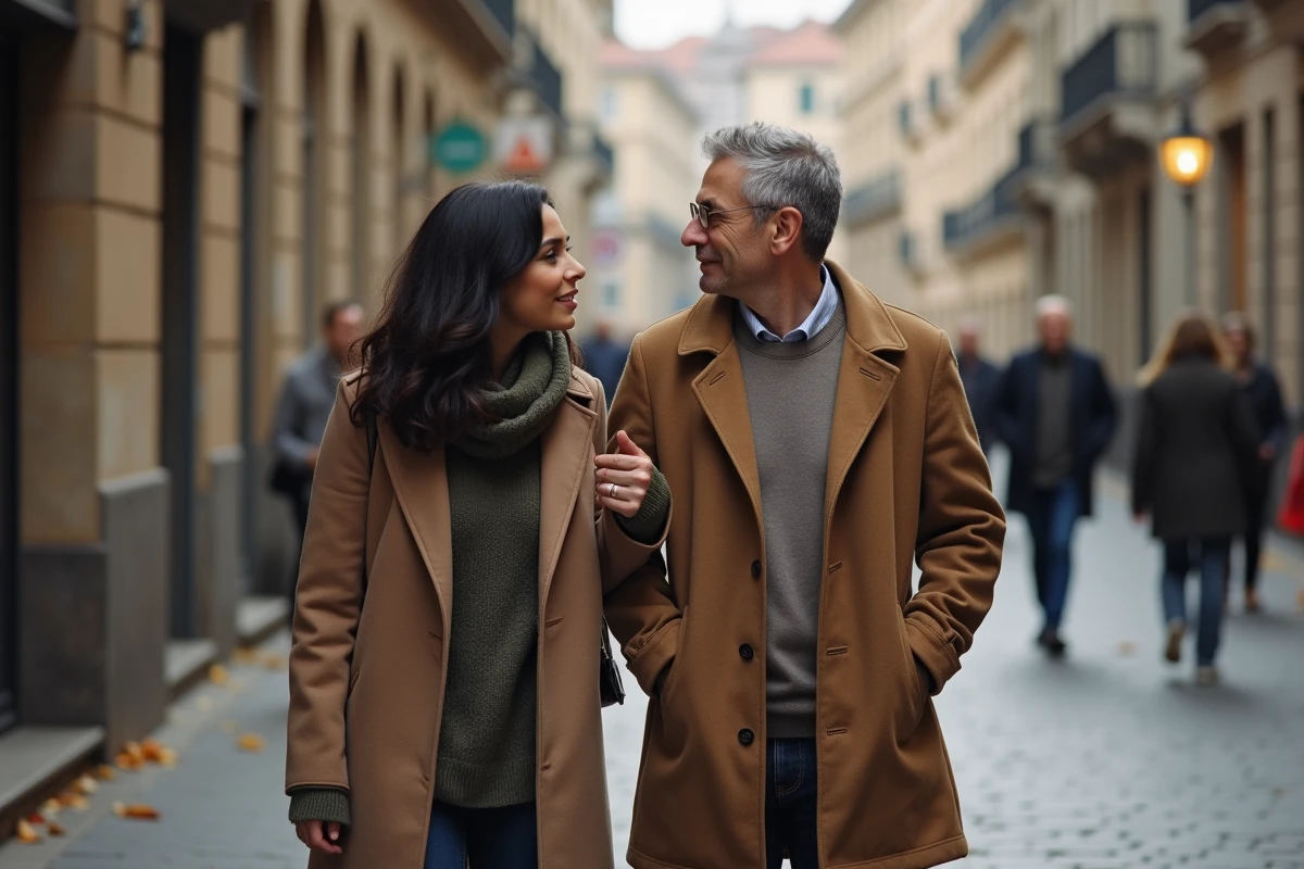 Couple se promenant discrètement dans une rue pavée, symbolisant la préservation de la vie privée loin des médias