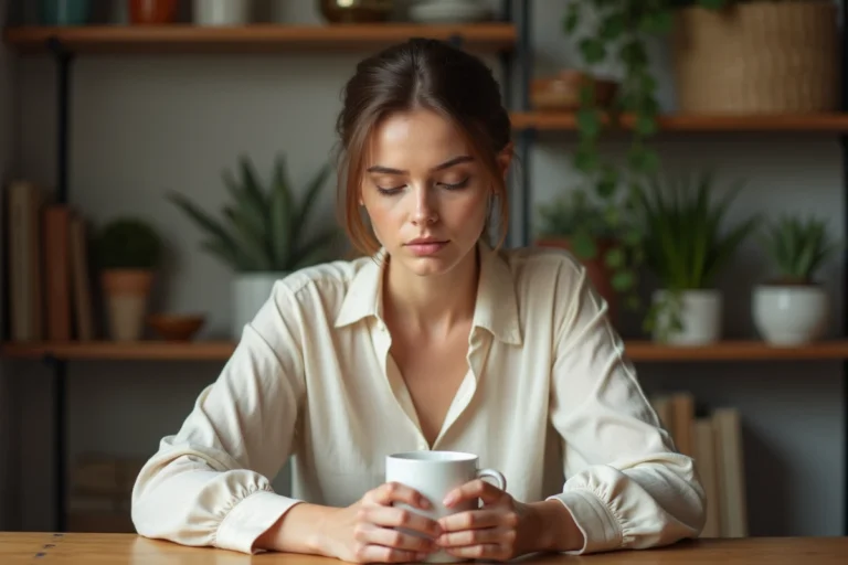 Femme préservant son intimité dans un intérieur chaleureux, illustrant la vie privée d'un couple célèbre