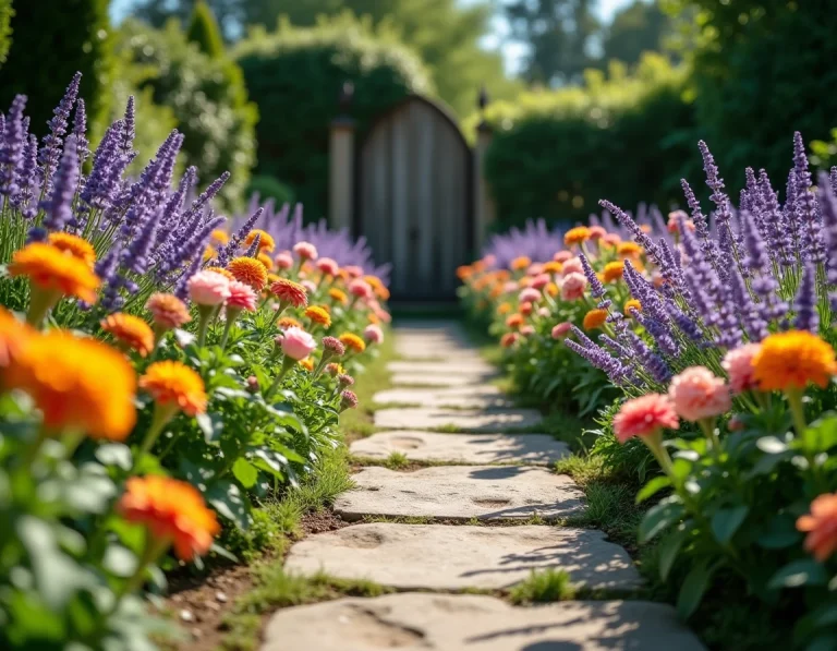 Parterre de jardin fleuri avec lavande, roses et soucis le long d'un chemin en pierre dans un jardin de campagne française