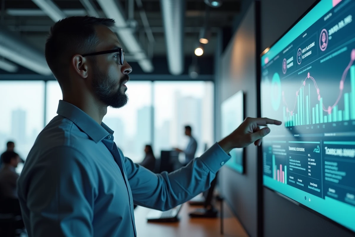 Professionnel IT présentant un tableau de bord de cybersécurité et de détection de malwares en entreprise