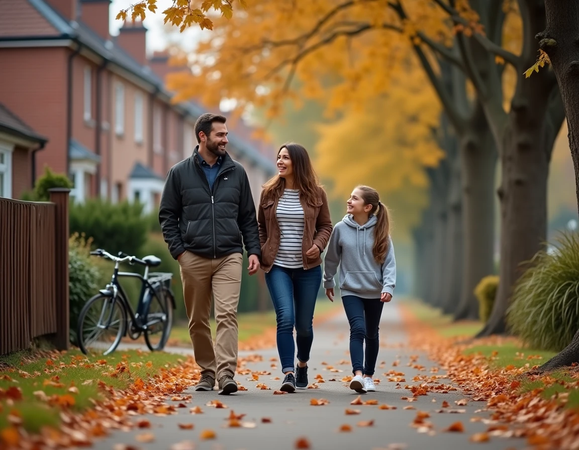 Famille se promenant ensemble sur un chemin arboré en automne dans un quartier résidentiel paisible