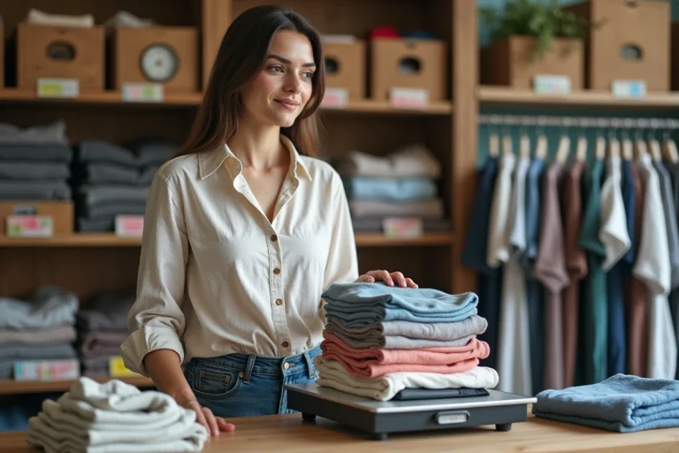 Femme déposant des vêtements usagés sur une balance dans un magasin de reprise textile au kilo