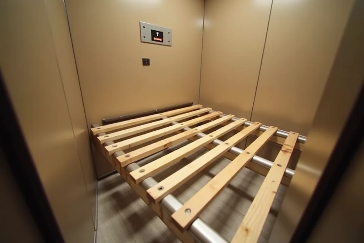 Gros plan d'un sommier à lattes incliné à l'intérieur d'un ascenseur résidentiel moderne montrant les contraintes de dimensions