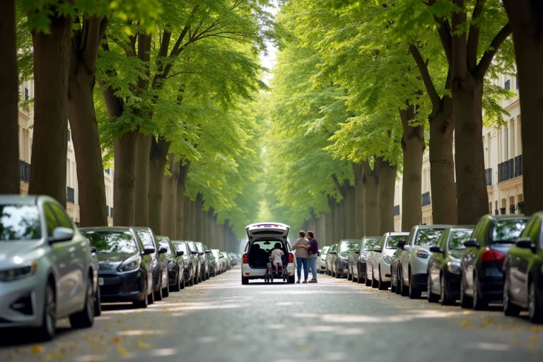 Famille qui se gare gratuitement dans une rue pavée près du Château de Versailles avec des voitures alignées sous des platanes