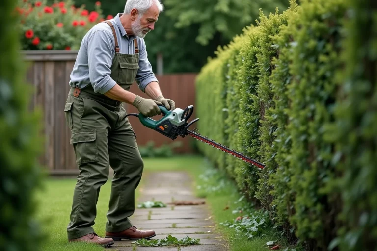 Homme taillant une haie épaisse et envahissante avec un taille-haie électrique dans un jardin résidentiel