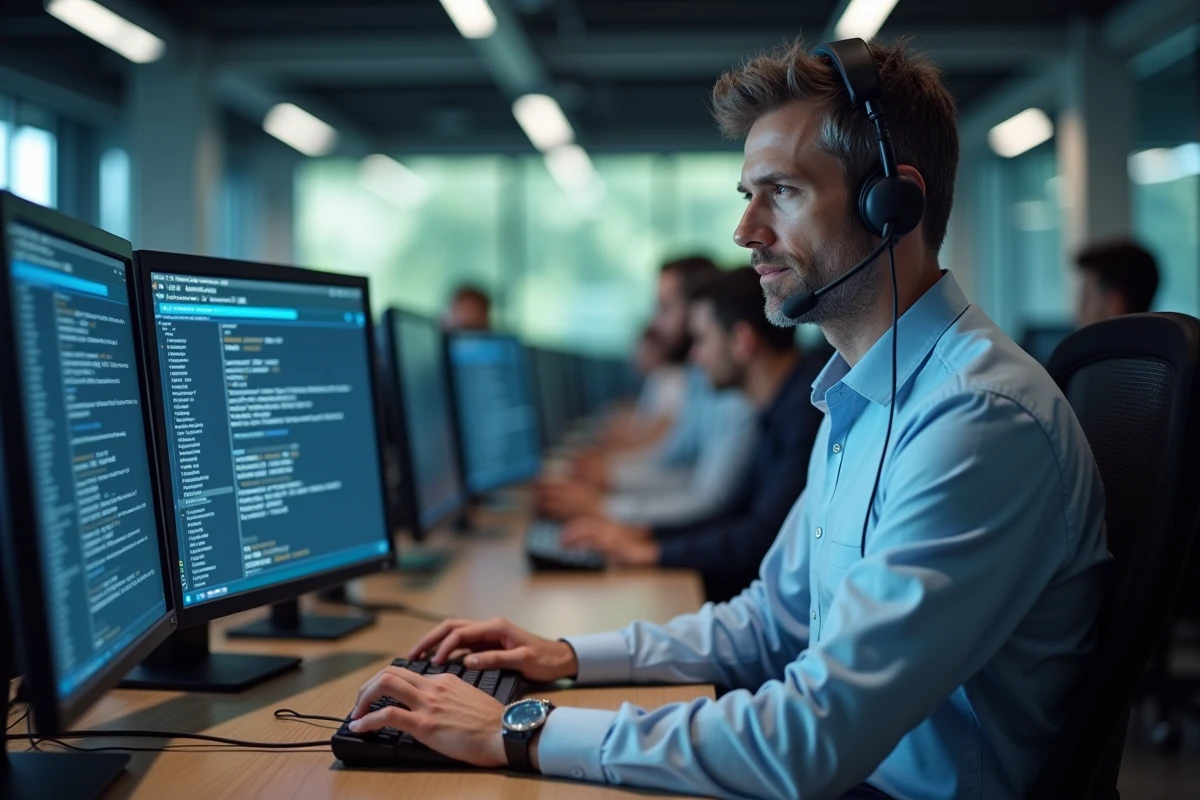 Technicien informatique diagnostiquant un problème de connexion réseau sur plusieurs écrans en open space