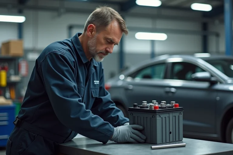 Technicien automobile inspectant une batterie hybride démontée sur un établi de garage professionnel