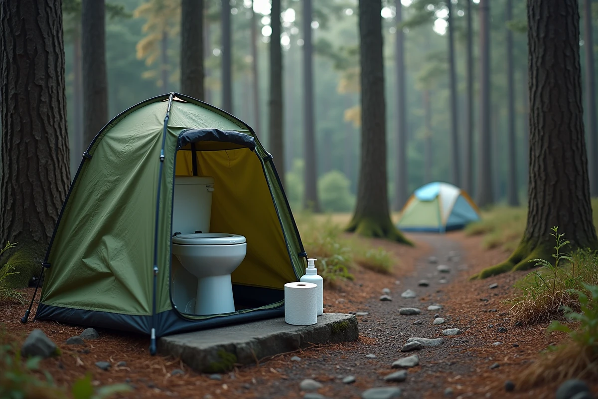 Installation de toilettes portables et tente de confidentialité en camping forestier pour gérer les besoins nocturnes