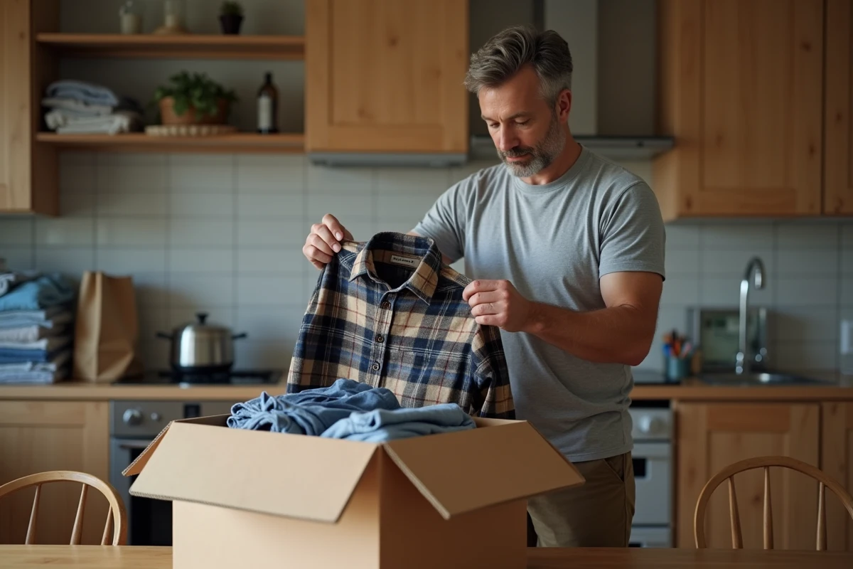 Homme triant des vêtements à domicile avant de les apporter dans un point de collecte pour revente au kilo