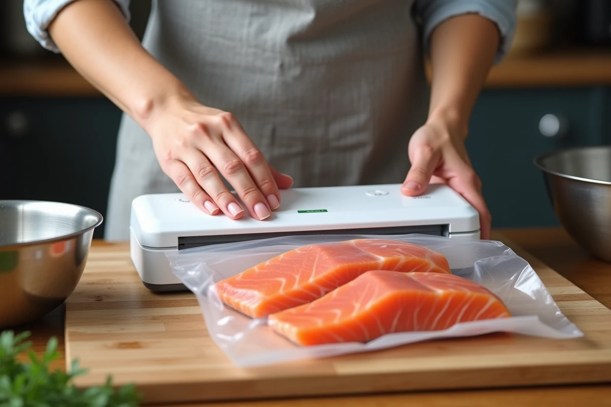 Mains d'une femme en train de sceller un sachet sous vide contenant des filets de saumon frais avec la machine Crenova VS100S sur un plan de travail en bois