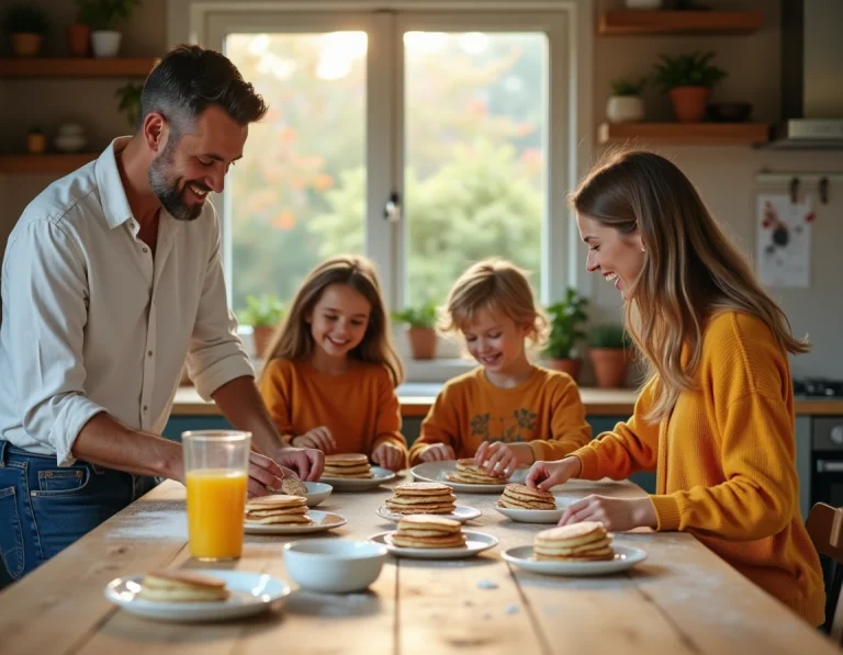 Famille épanouie préparant des crêpes ensemble dans une cuisine chaleureuse un dimanche matin